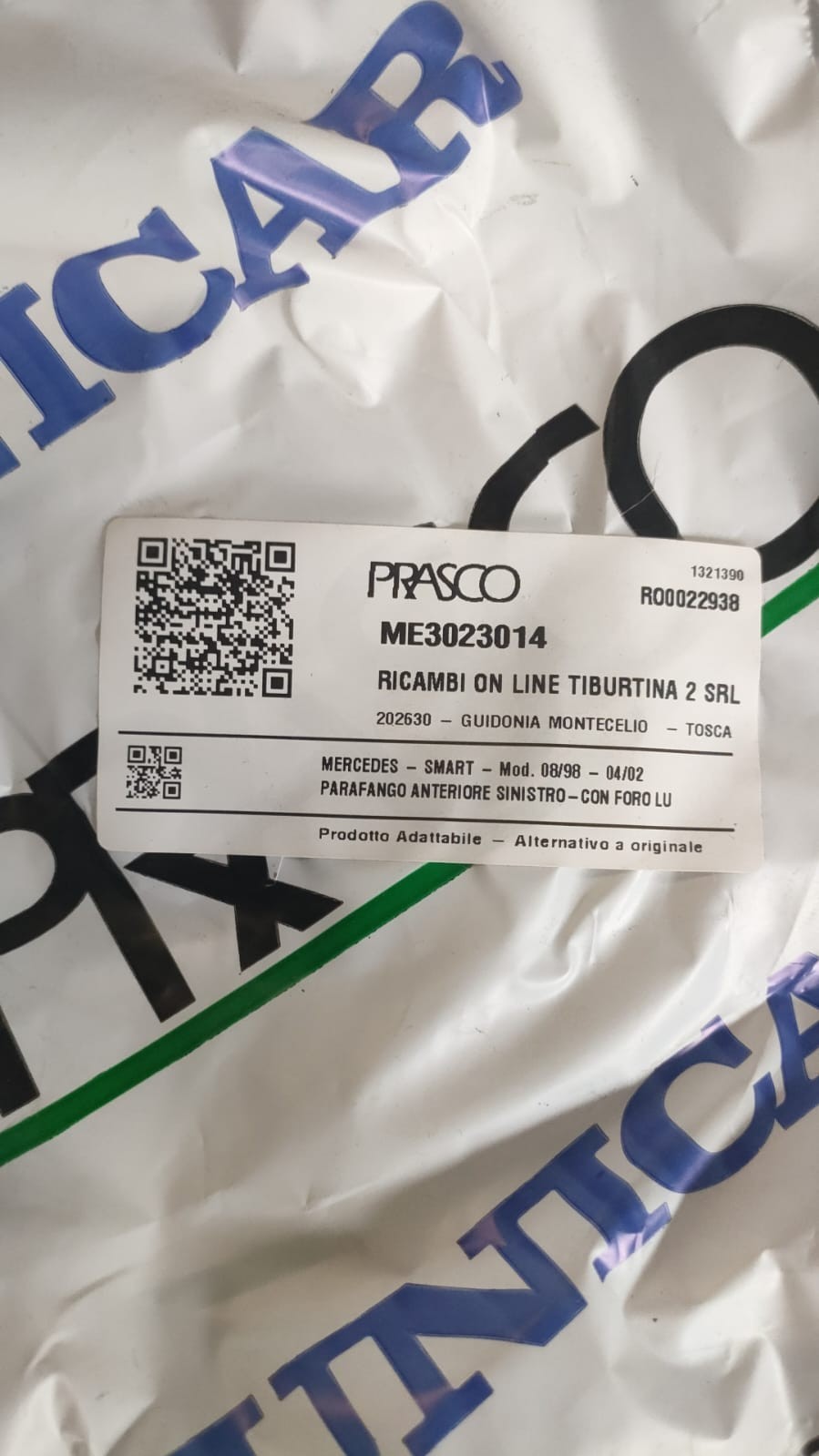 parafango anteriore sinistro Smart 450 1998 2002 con foro lucciola n5 nuovo